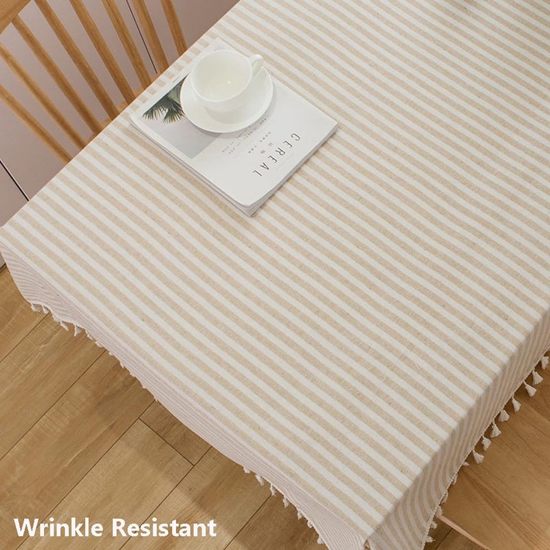 TruDelve Rectangular Tablecloth Beige Striped Cloth Tablecloths with Tassels Rustic Fall Table Cloth Rectangle Table Cover (Beige,70"x55",Rectangular) - Image 3